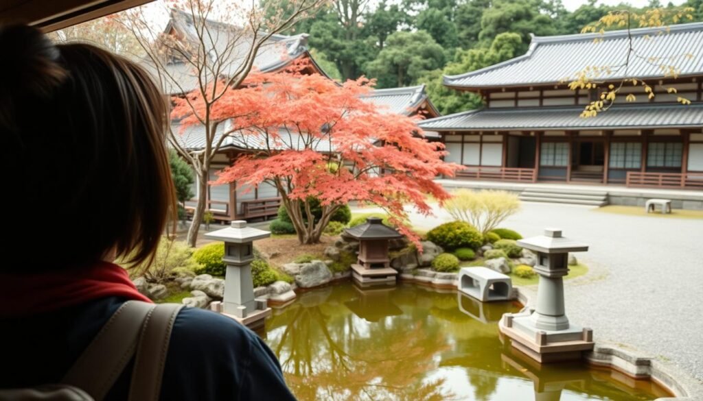 Traveler looking out at a peaceful Japanese garden with traditional architecture in the background