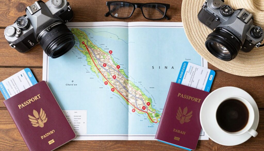 Traveler planning route on Sabah map with camera and guidebook