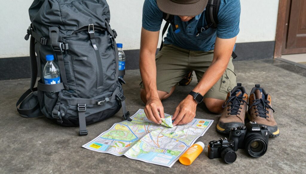 Traveler preparing gear for Bali hidden gem adventure