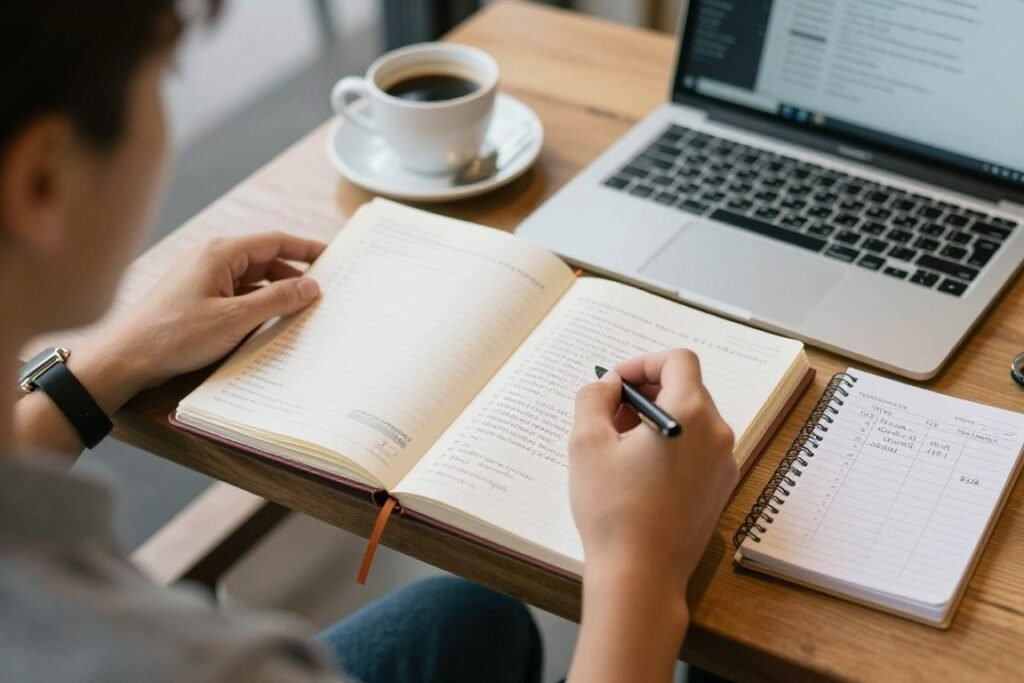 Traveler reviewing budget notebook