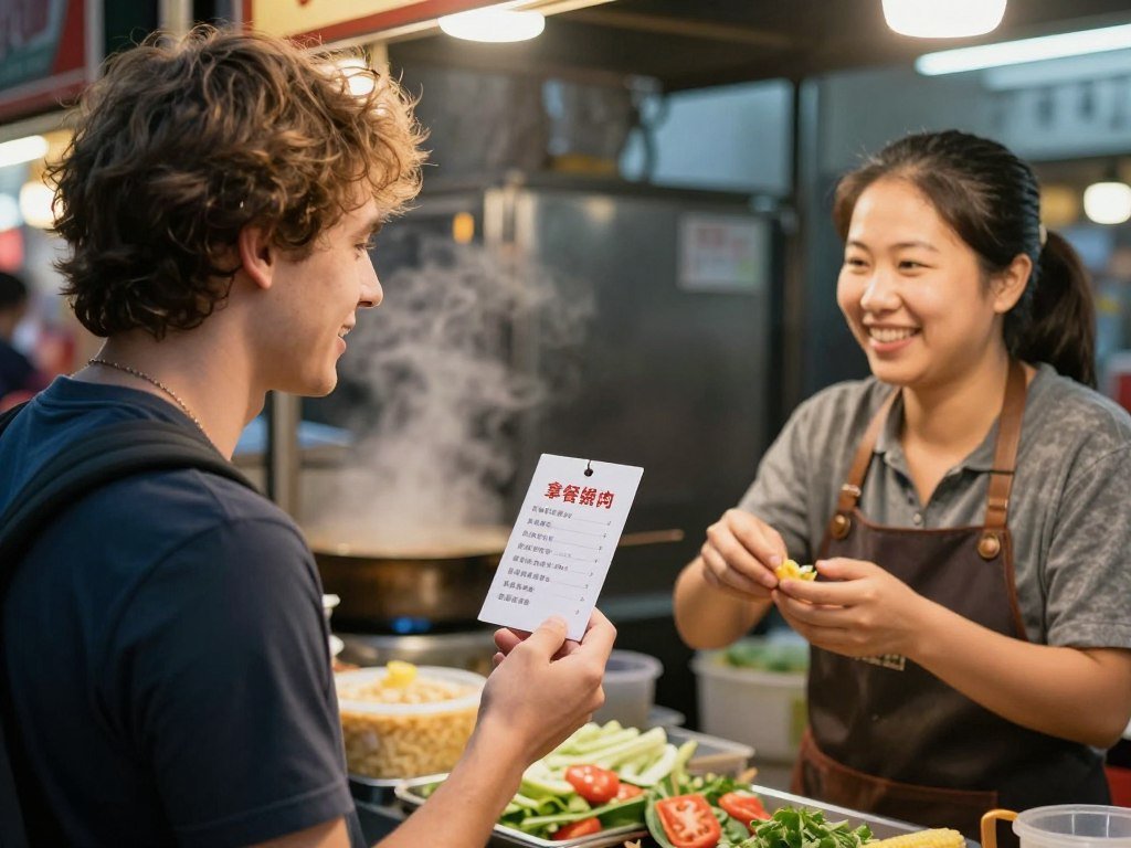 Traveler showing Chinese phrase card to Taiwan night market food vendor demonstrating successful communication