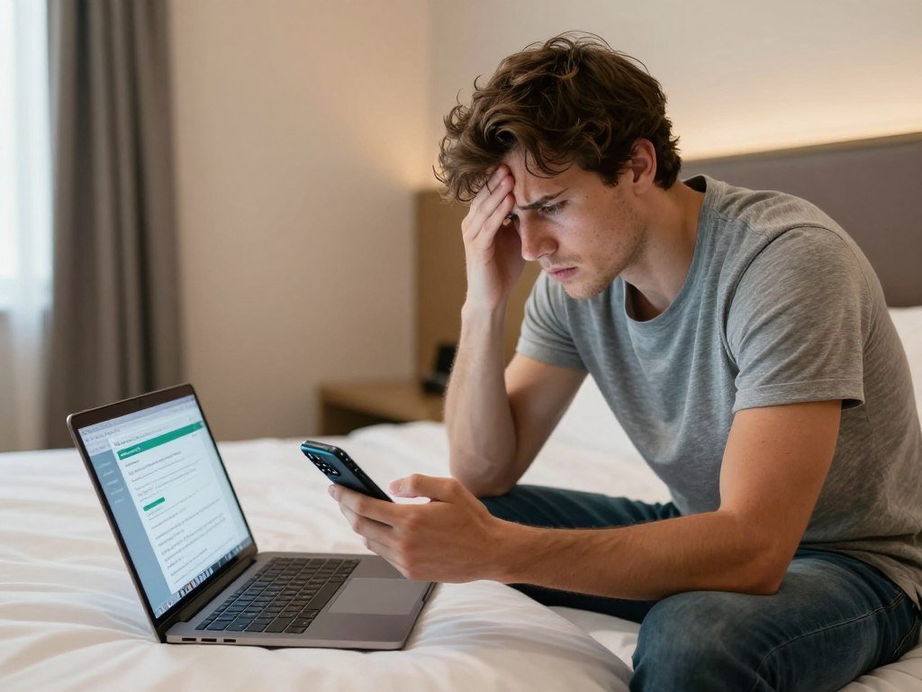 Traveler troubleshooting smartphone app connection issues in Beijing hotel room