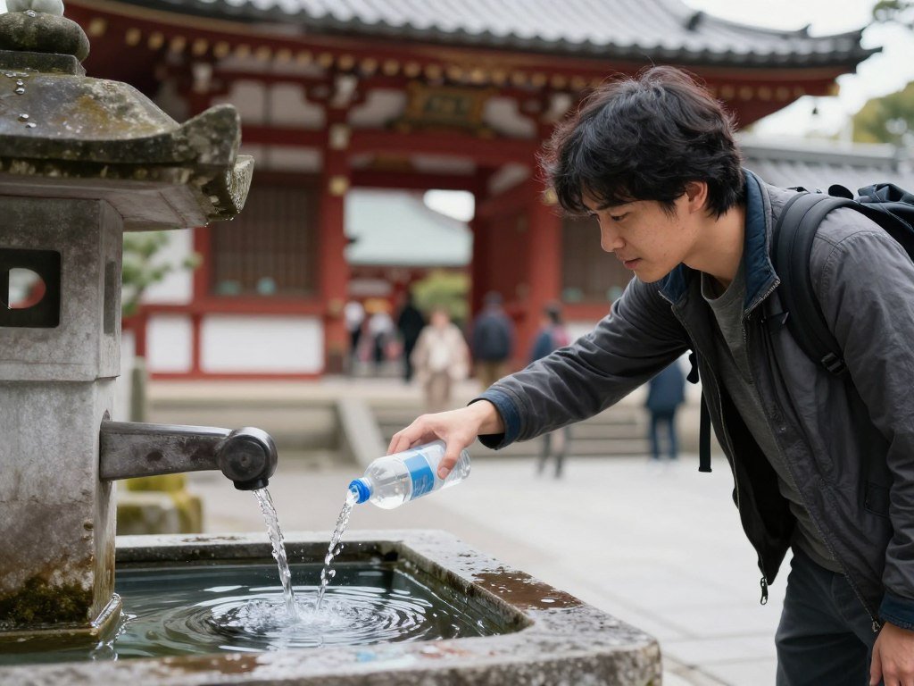 Traveler using reusable water bottle at Kyoto temple water fountain Traveler using reusable water bottle at Kyoto temple water fountain