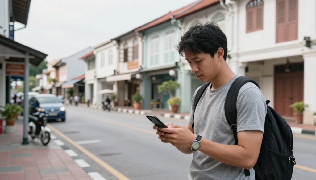 Traveler using smartphone map in Malacca heritage street