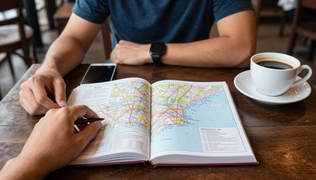 Traveler with itinerary planning map at Malacca cafe