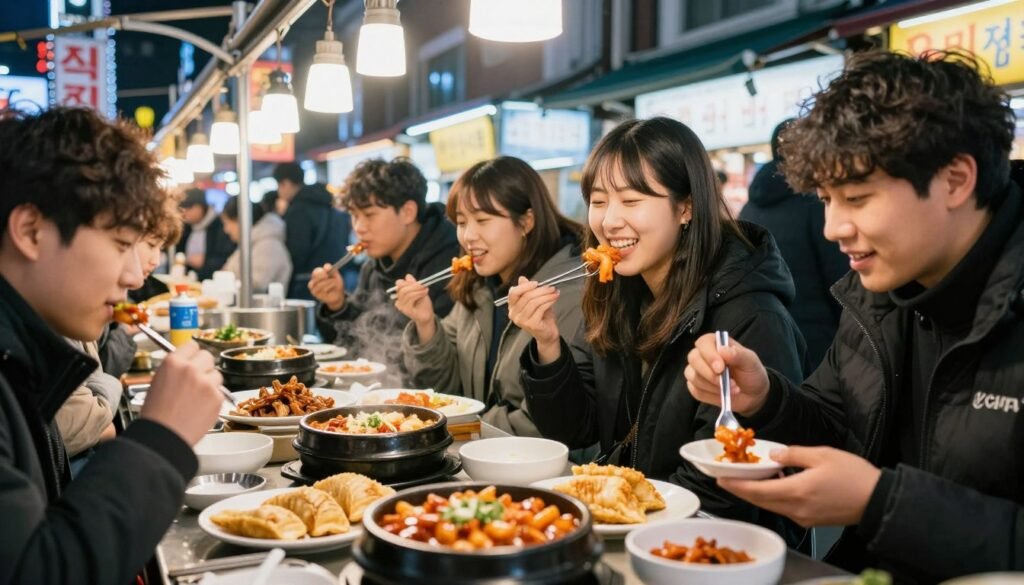 Travelers enjoying Seoul street food at night market