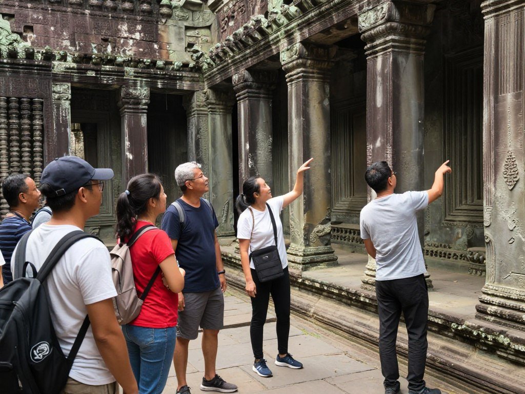 Travelers exploring ancient historical site with guide explaining historical significance