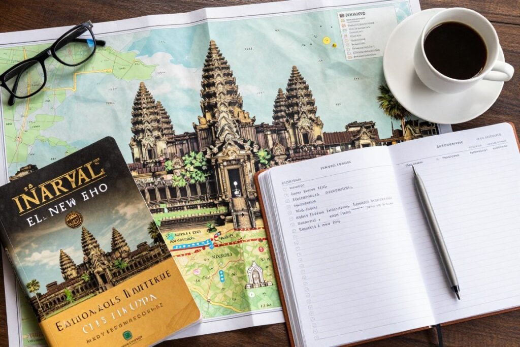 Travelers planning itinerary with temple map and guidebook Travelers planning itinerary with temple map and guidebook