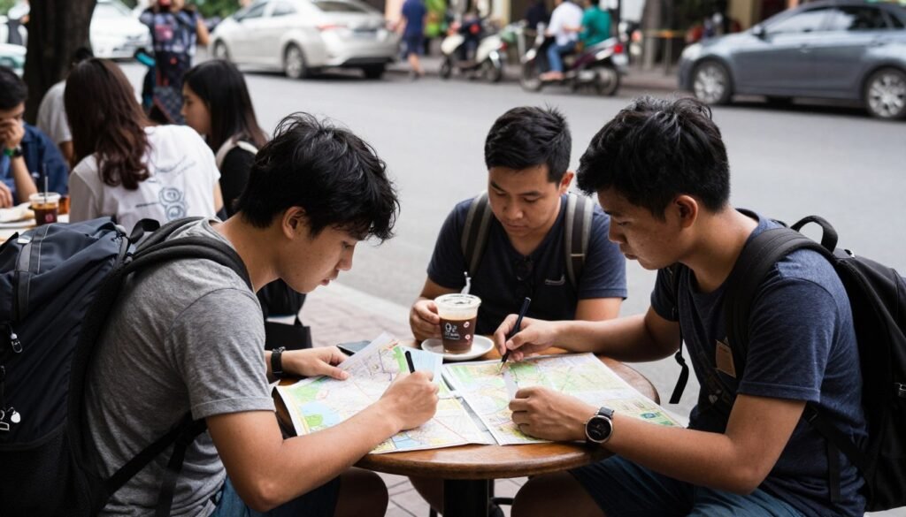 Travelers studying map at Ho Chi Minh City street cafe