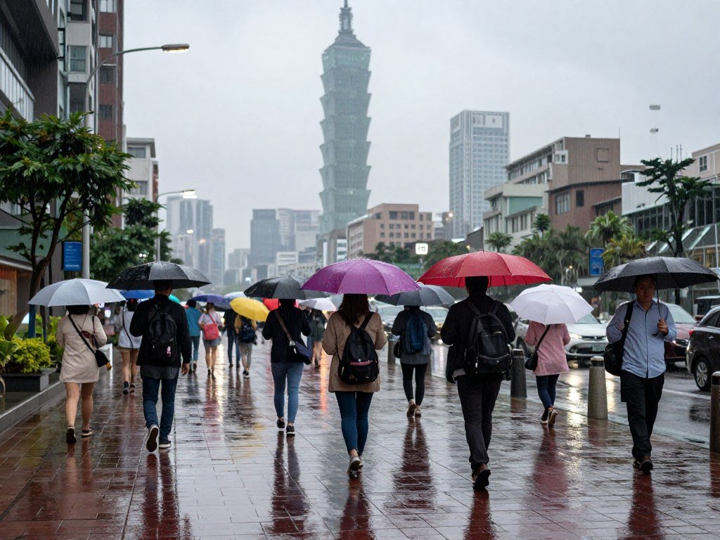 Travelers walking with umbrellas during Taipei rain shower Travelers walking with umbrellas during Taipei rain shower