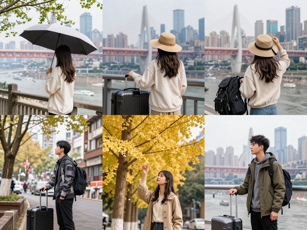 Travelers with luggage arriving in Chongqing different seasons