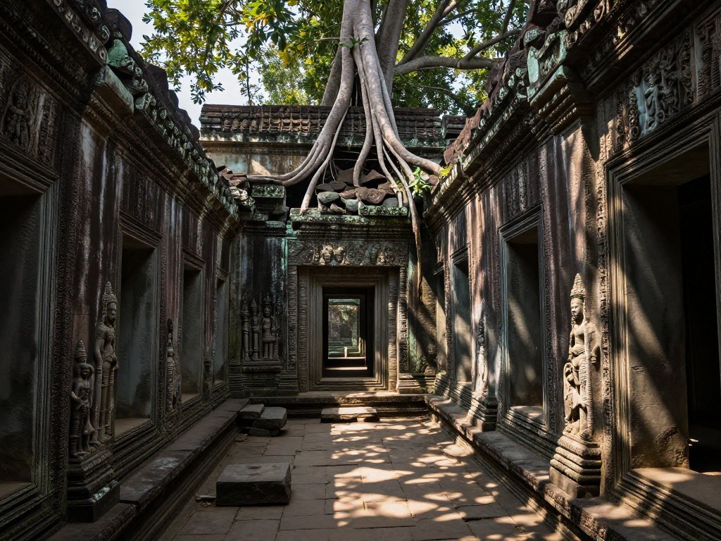 Tree-lined corridor at Preah Khan temple in Angkor