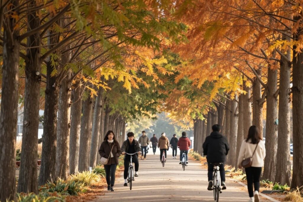 Tree-lined path on Nami Island in autumn