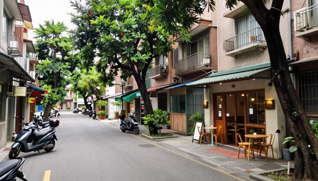 Tree-lined street in Da'an District with cafes and shops