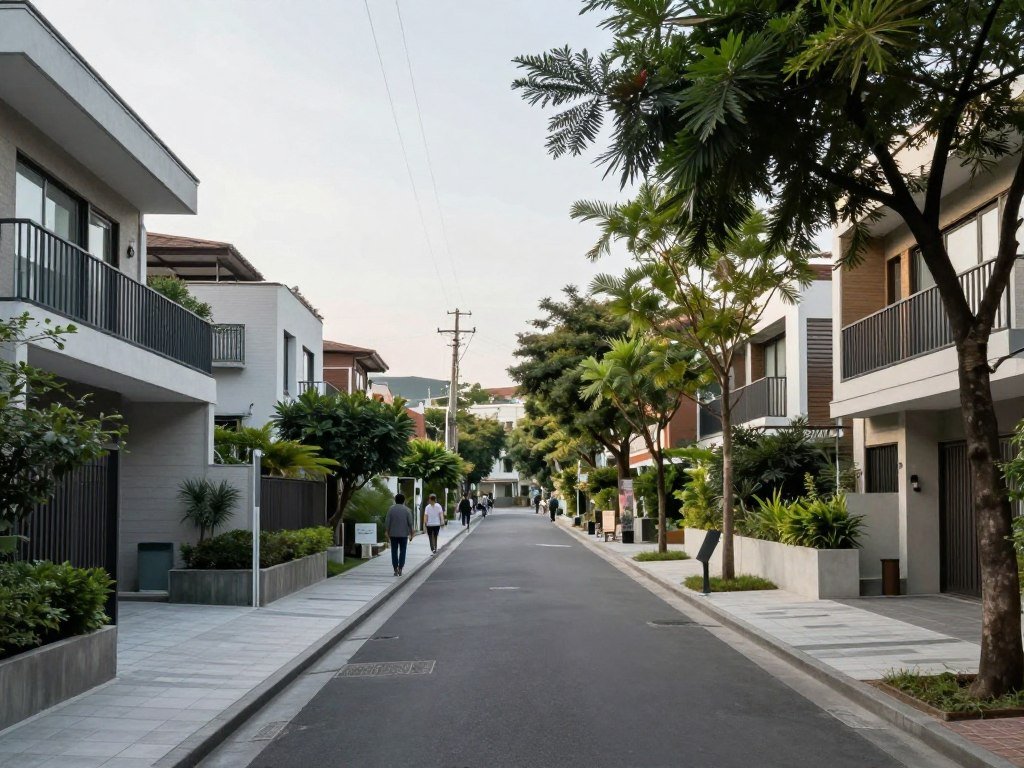 Tree-lined street in Da'an district with modern apartment buildings