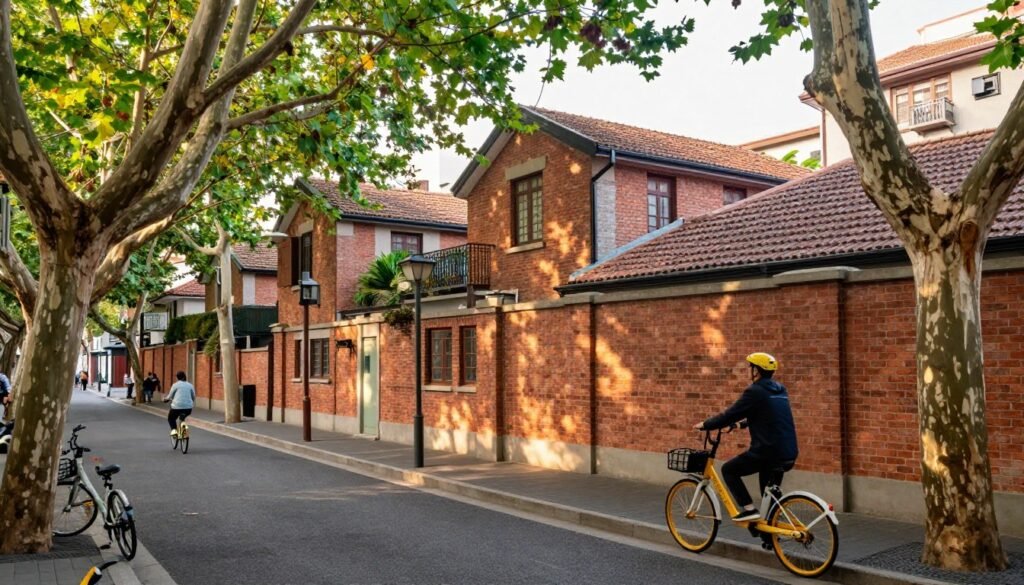 Tree-lined street in Shanghai's French Concession neighborhood with traditional architecture