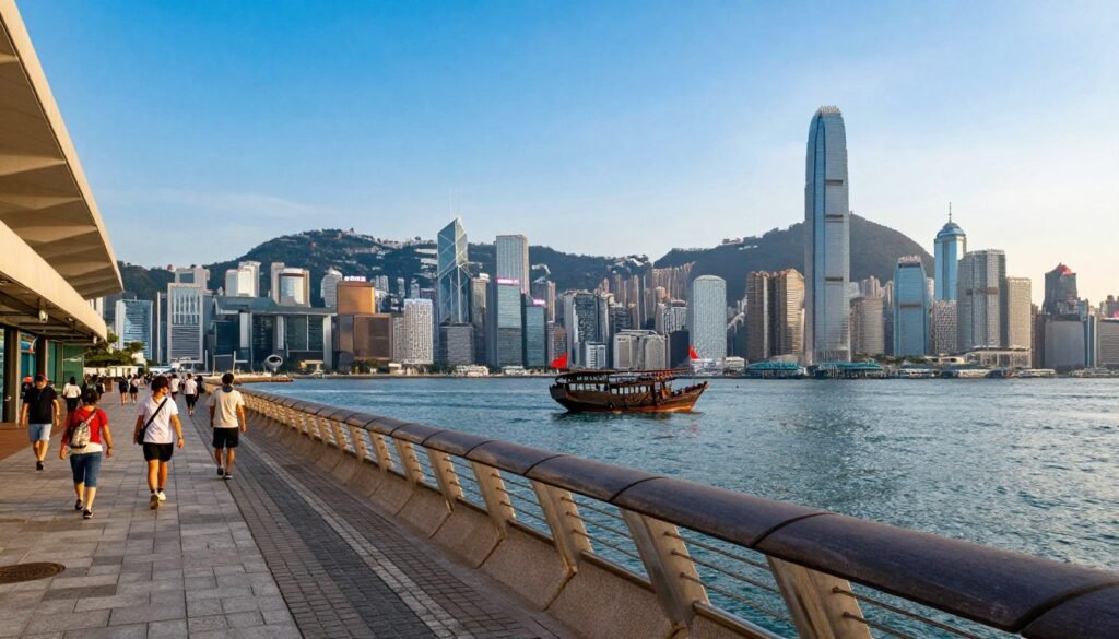 Tsim Sha Tsui waterfront promenade with Hong Kong Island skyline across Victoria Harbour