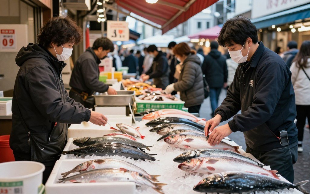 Tsukiji Outer Market with fresh seafood displays and shoppers