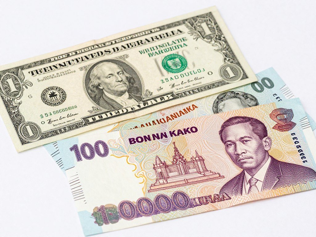 US dollar bills and Cambodian riel currency US dollar bills and Cambodian riel currency