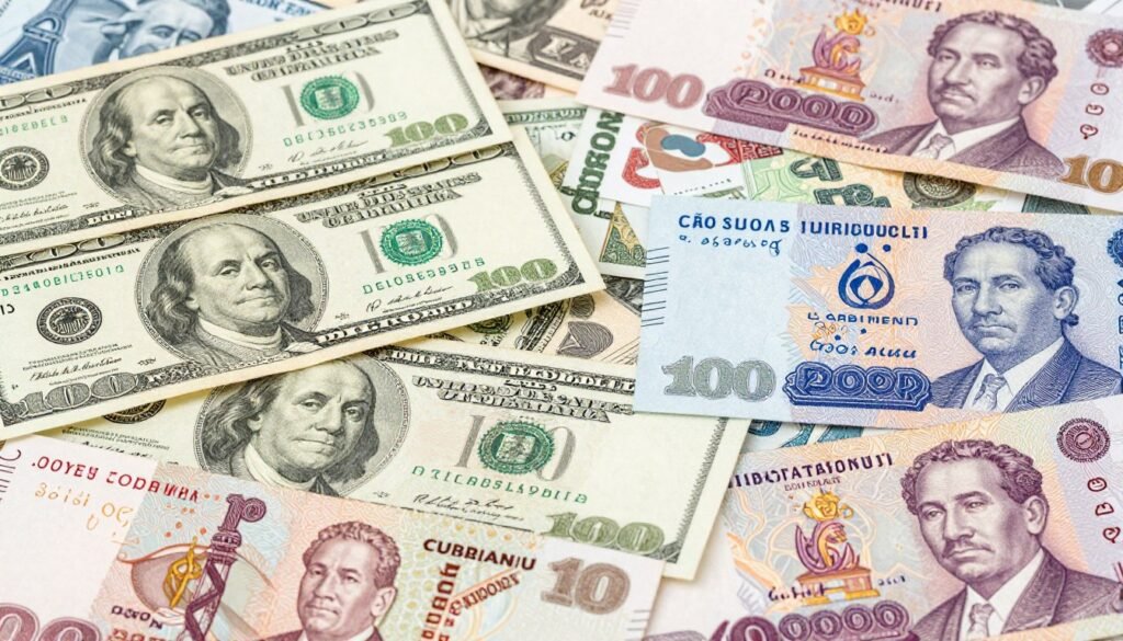 US dollars and Cambodian riel banknotes