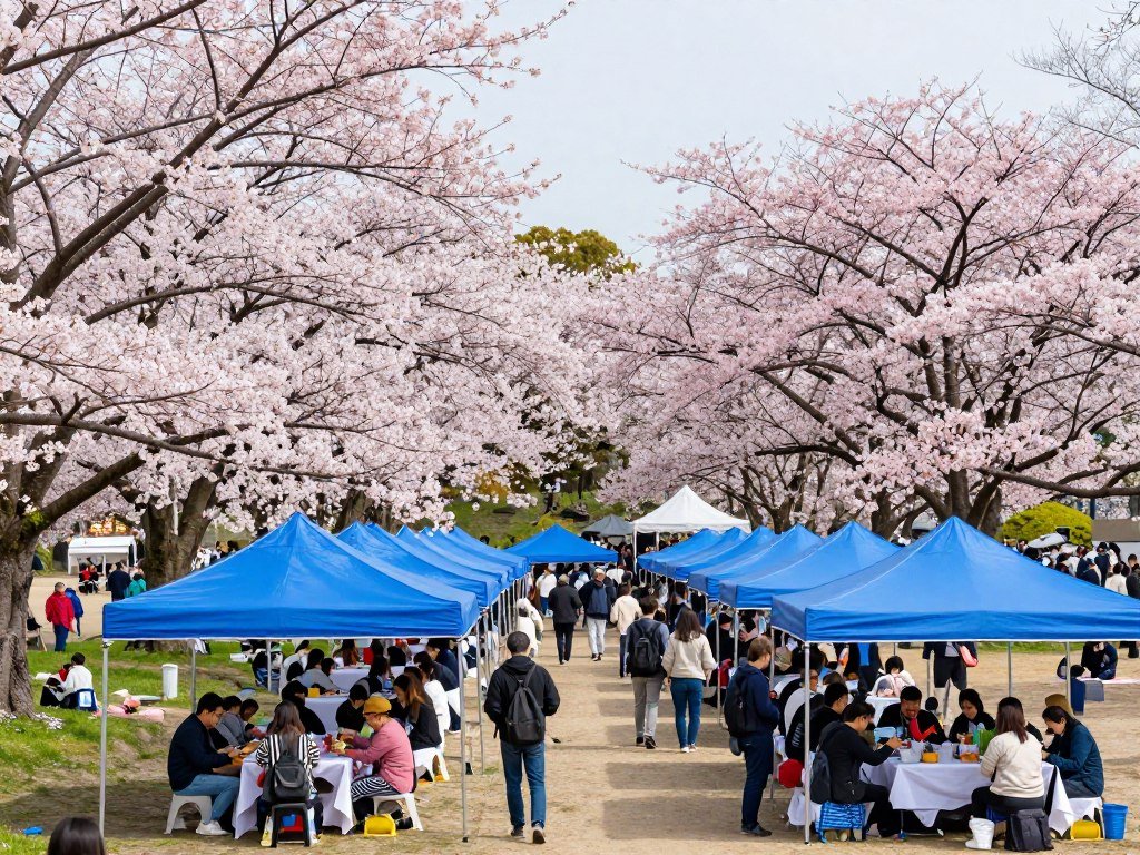 Ueno Park cherry blossoms with crowds having hanami parties