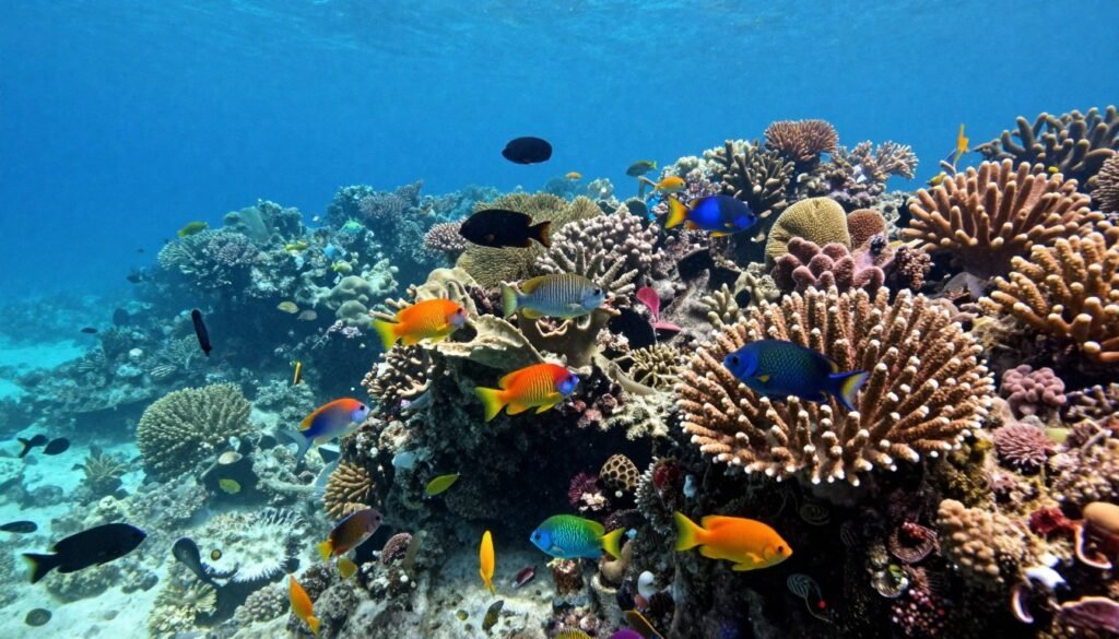 Underwater coral reef scene with colorful tropical fish
