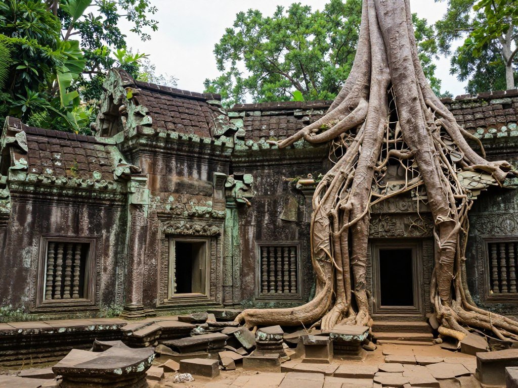 Unrestored temple ruins overgrown with jungle vegetation at Beng Mealea