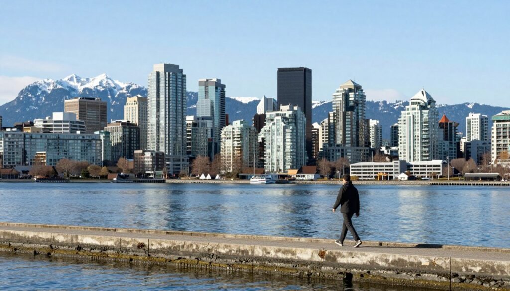 Vancouver waterfront with mountains background