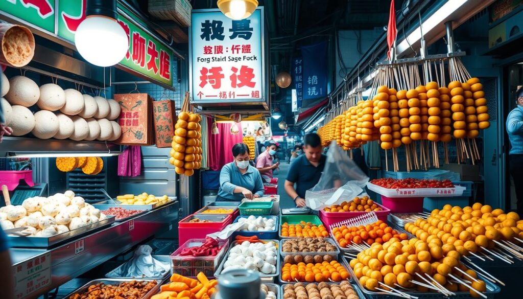 Variety of Hong Kong street food dishes at a night market, essential experiences in a Hong Kong travel guide