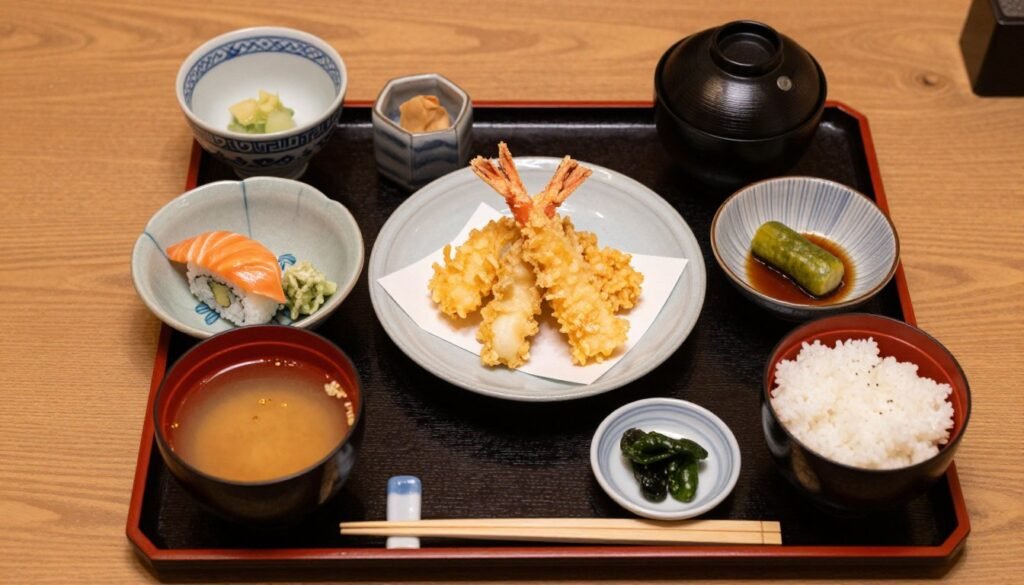 Variety of Japanese dishes displayed on traditional table setting