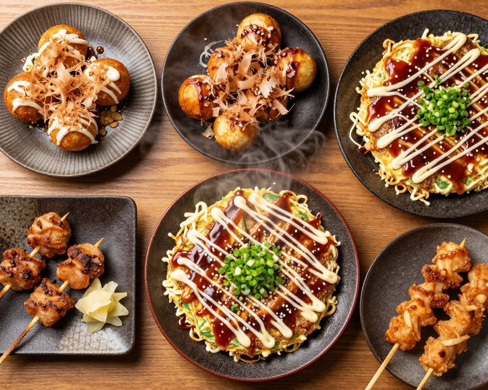 Variety of Osaka street food including takoyaki and okonomiyaki