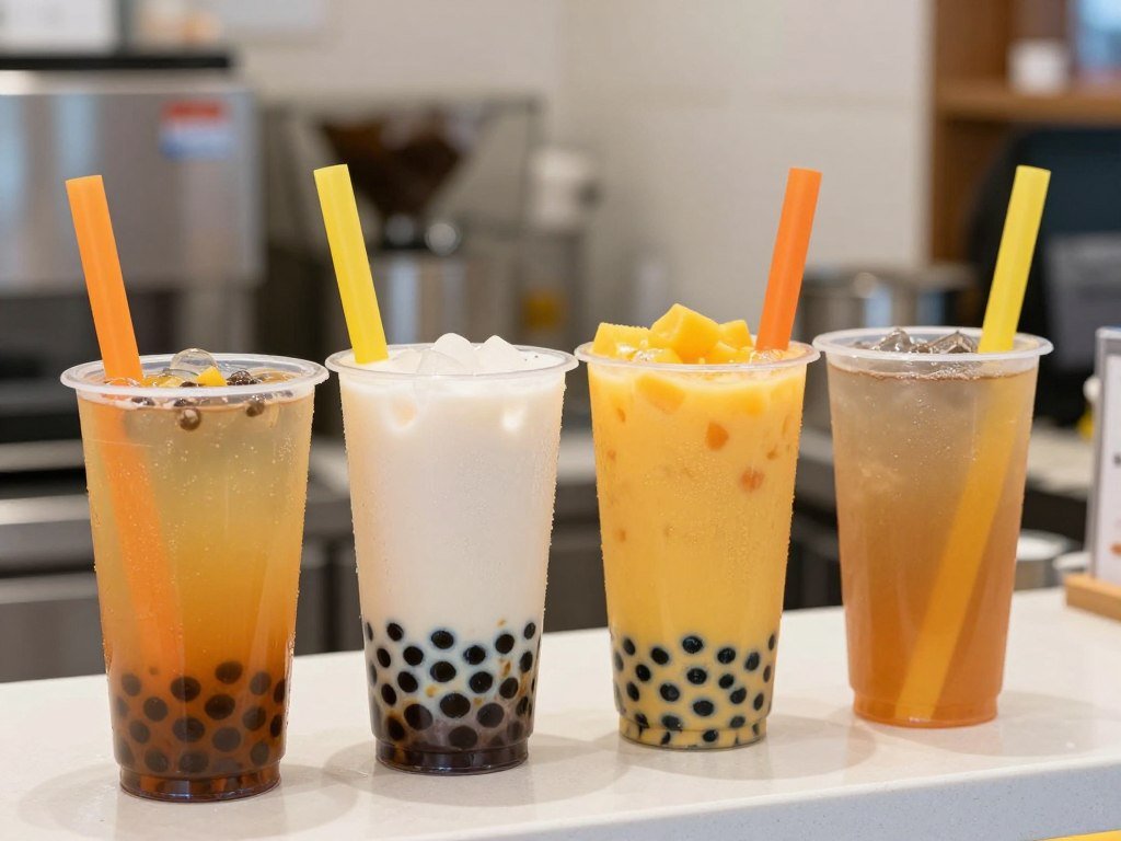 Variety of Taiwan bubble tea drinks showing different topping options and milk alternatives at popular tea shop