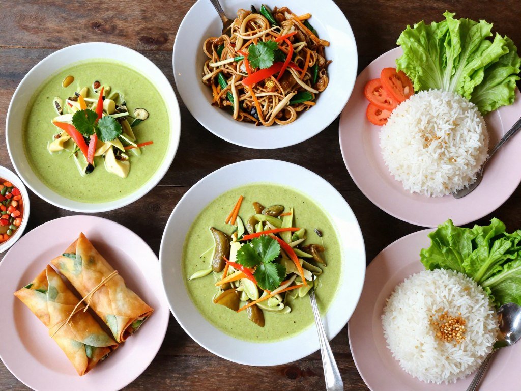 Variety of Thai dishes at local restaurant with rice and curries