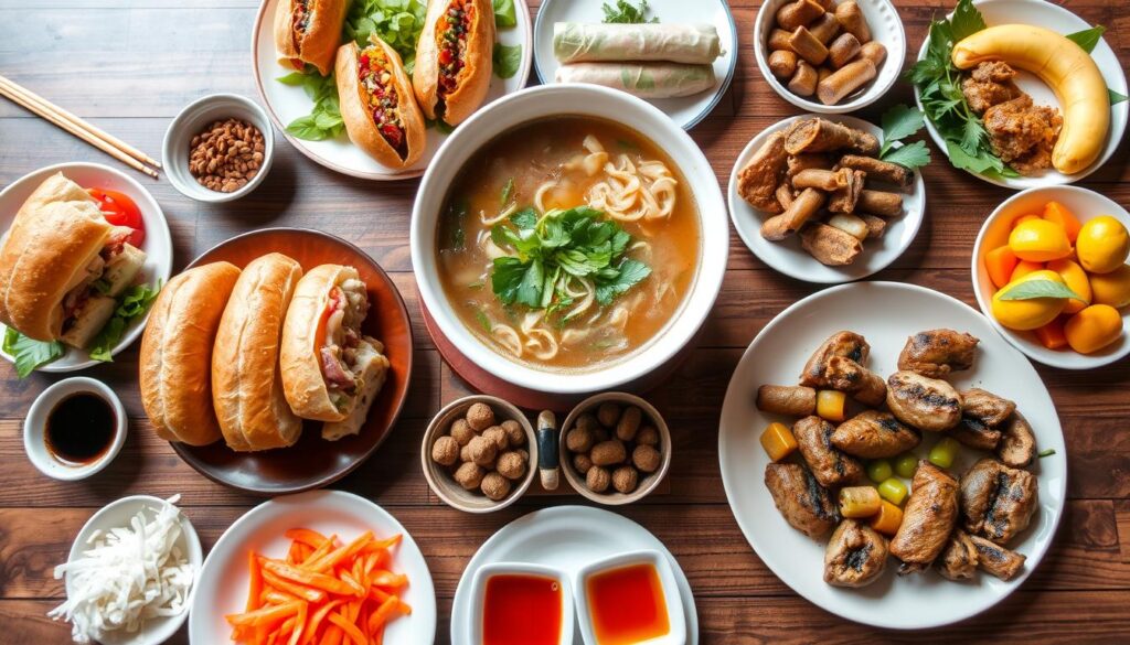 Variety of Vietnamese dishes including pho, banh mi, and spring rolls - Vietnam Travel Guide