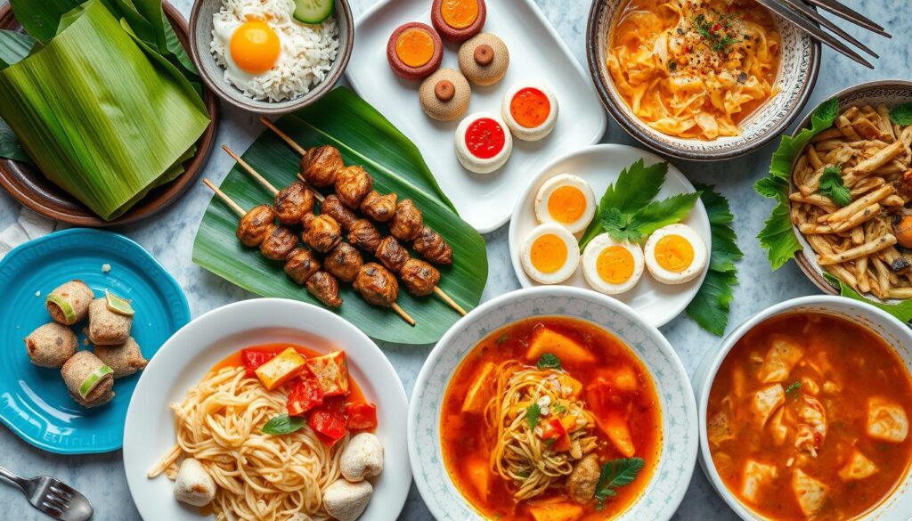 Variety of colorful Malaysian dishes including nasi lemak, satay, and roti canai - Malaysia travel guide