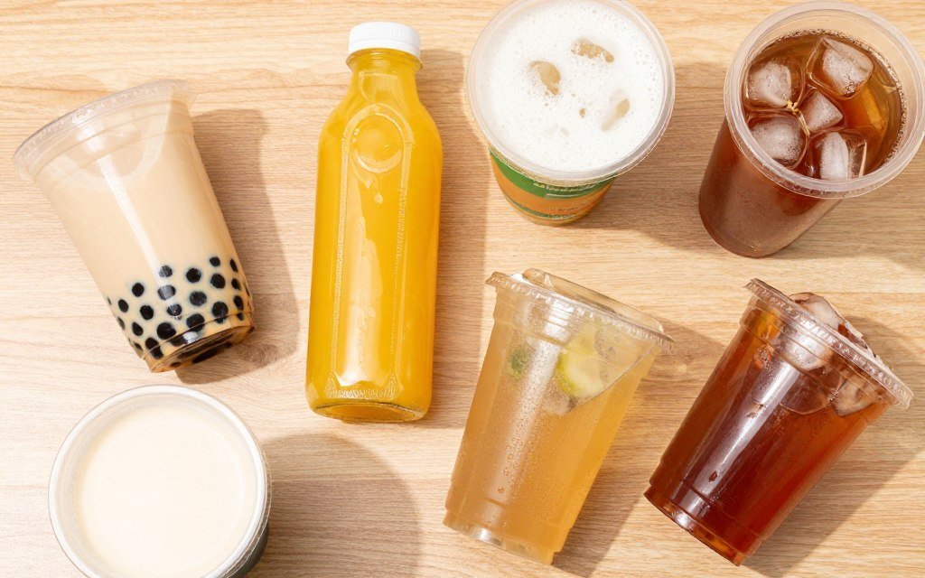 Variety of night market drinks including bubble tea, fresh juice, and sugar cane juice