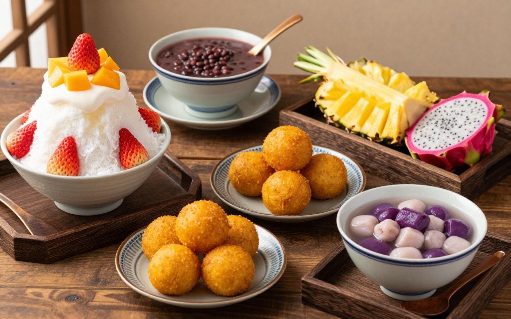 Variety of safe Taiwanese desserts and snacks for vegetarian and gluten-free diets including fresh fruit and sweet potato