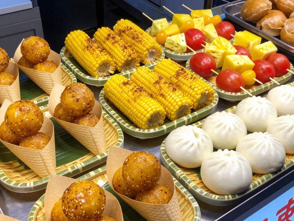 Variety of safe vegetarian Taiwan street foods including sweet potato balls grilled corn fresh fruit on sticks and steamed buns