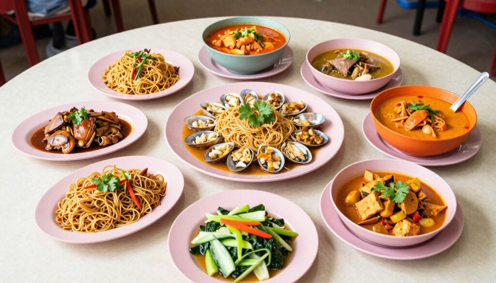 Variety of traditional Sabah dishes on table at local restaurant