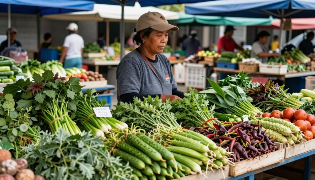 Vendor at Satok Weekend Market with jungle vegetables