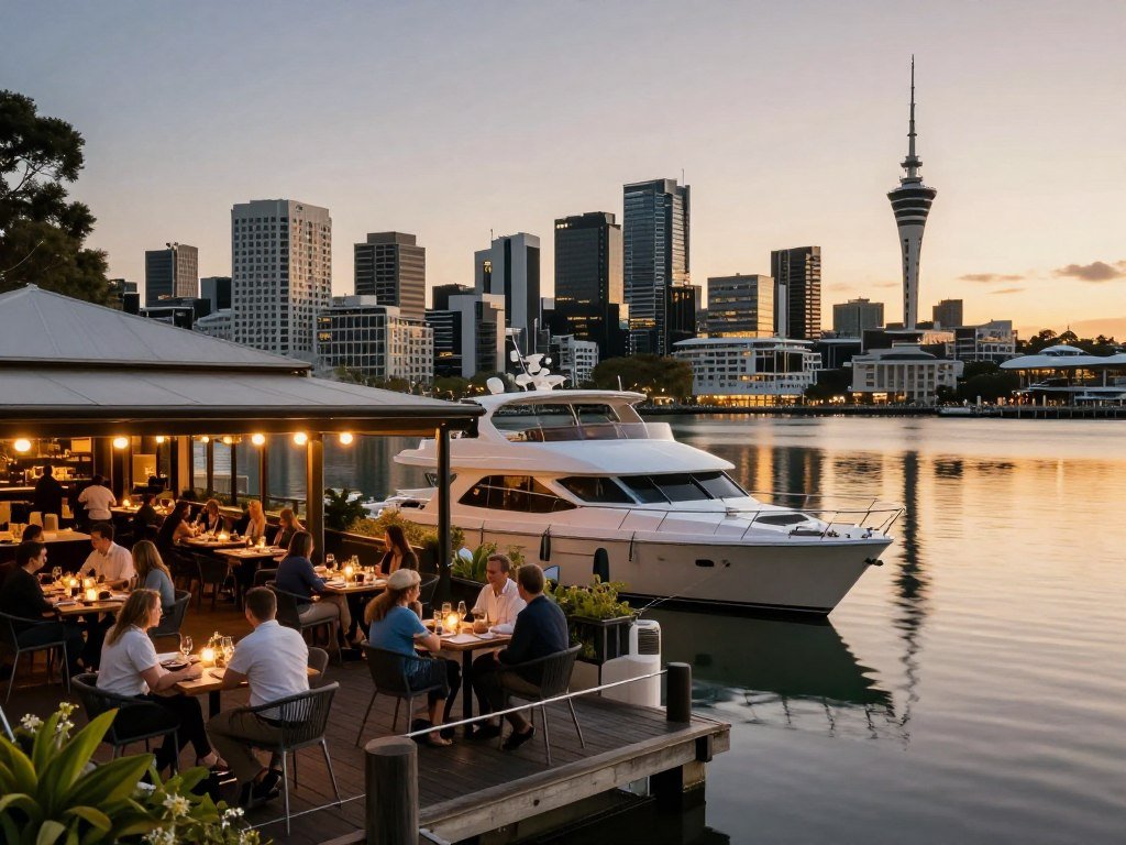 Viaduct Harbour restaurants and boats at sunset