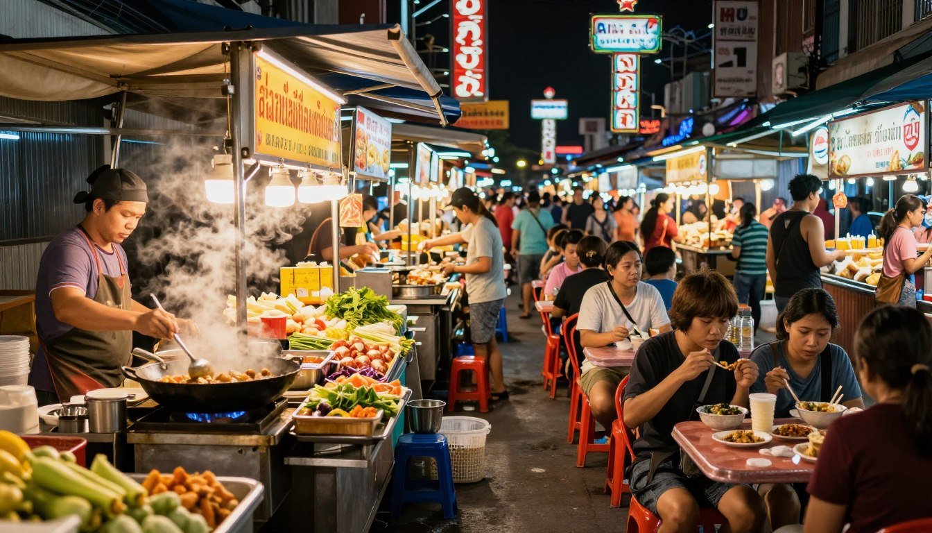 Vibrant Bangkok street food market with colorful food stalls and locals enjoying popular street food in Bangkok