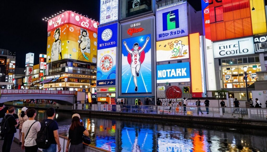 Vibrant Dotonbori district in Osaka with neon signs and canal at night Vibrant Dotonbori district in Osaka with neon signs and canal at night