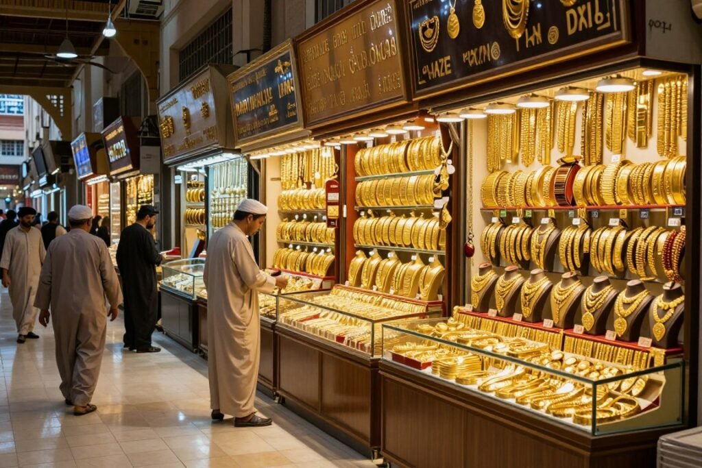Vibrant Gold Souk in Deira with shops displaying jewelry Vibrant Gold Souk in Deira with shops displaying jewelry