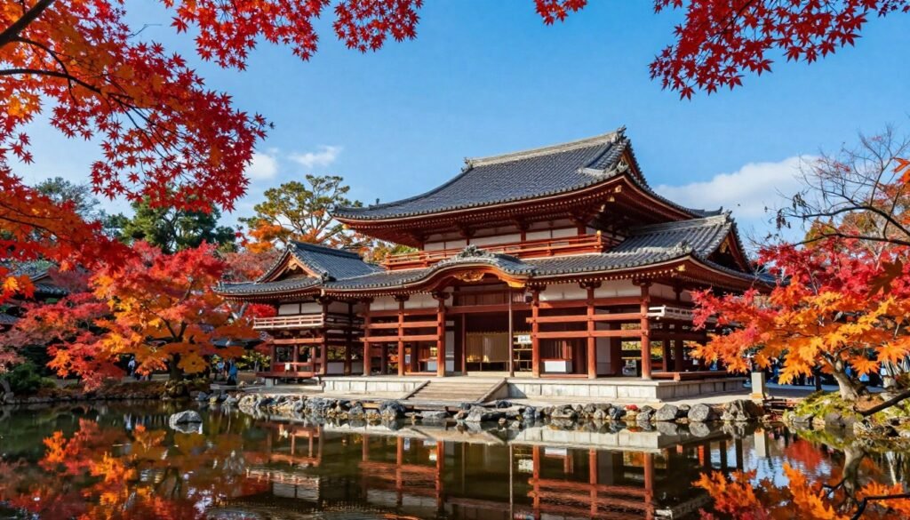 Vibrant fall foliage with red and orange maple trees surrounding historic Kyoto temple pavilion Vibrant fall foliage with red and orange maple trees surrounding historic Kyoto temple pavilion
