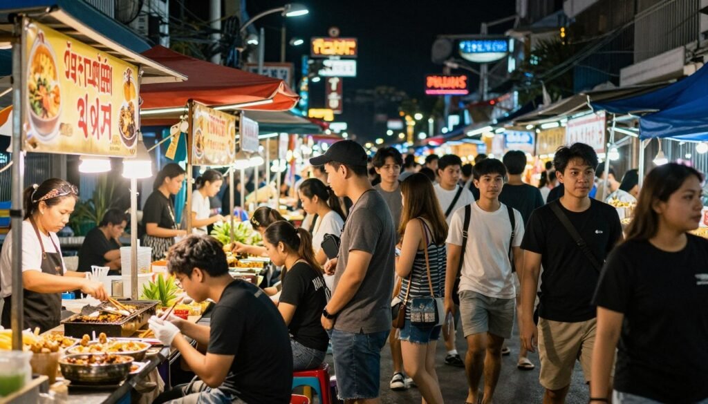 Vibrant night market with colorful food stalls and crowds of young Thai locals