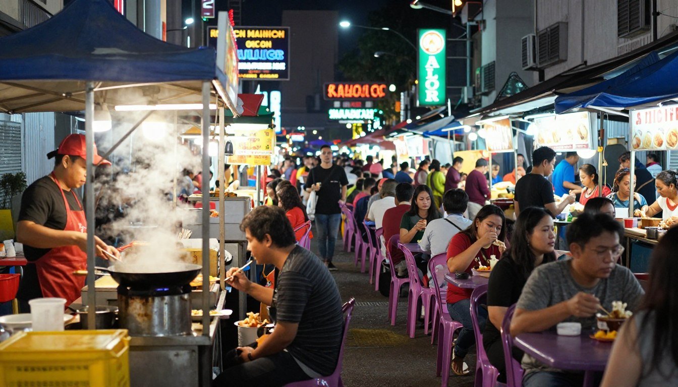 Vibrant night scene at Jalan Alor showing popular street food Kuala Lumpur vendors with colorful lights and crowds
