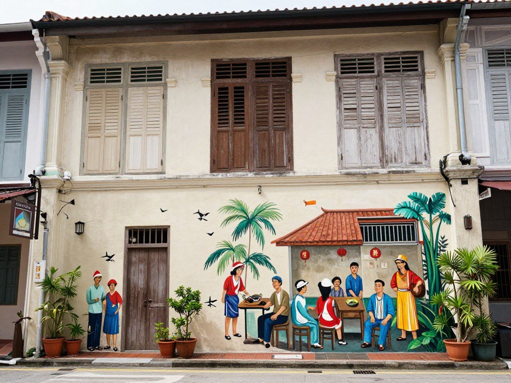 Vibrant street art murals in Kwai Chai Hong alley depicting traditional Malaysian life