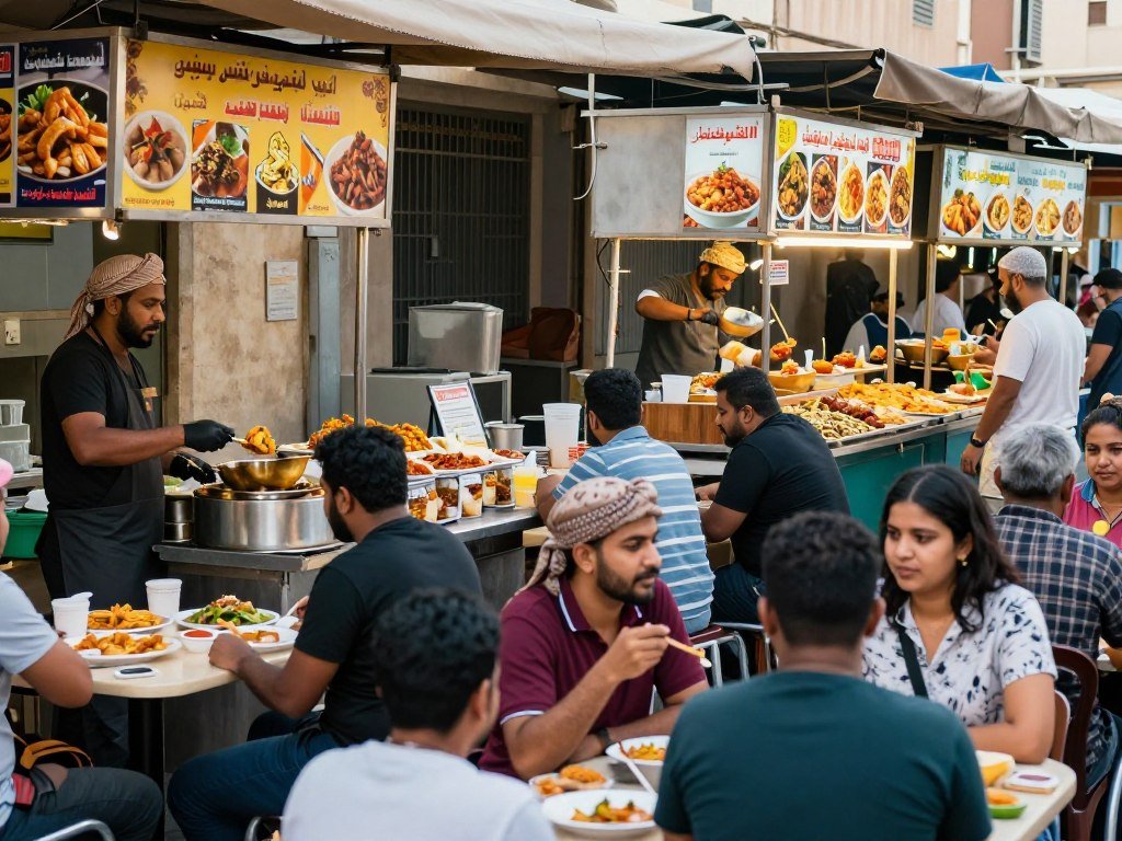 Vibrant street food market with diverse food stalls Vibrant street food market with diverse food stalls