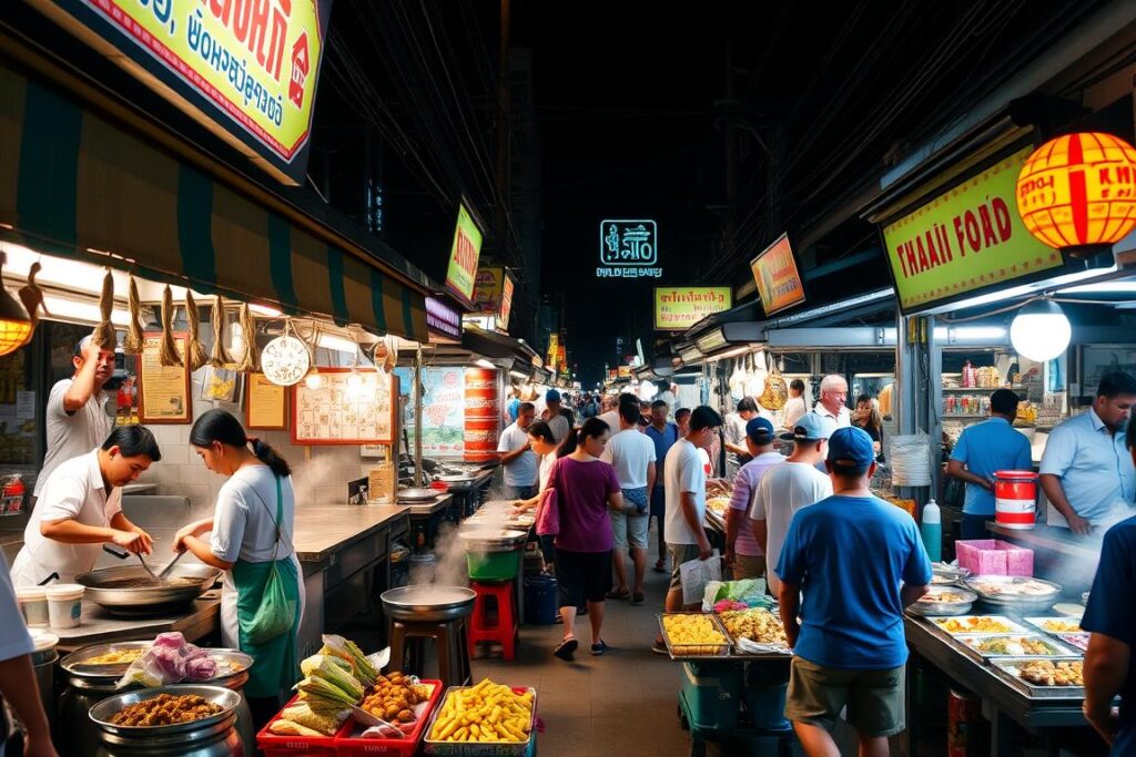 Vibrant street food stalls in Bangkok with various Thai dishes - Complete travel guide to Bangkok